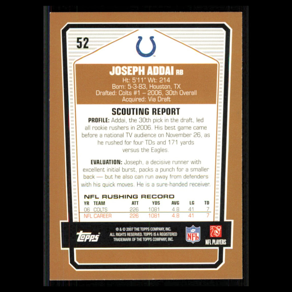 Joseph Addai #52 2007 Topps Draft Picks - Prospects Indianapolis Colts Football