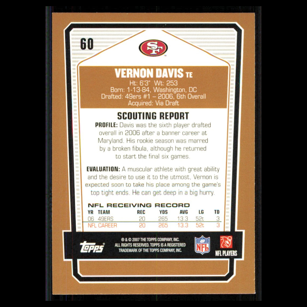 Vernon Davis #60 2007 Topps Draft Picks - Prospects San Francisco 49ers Football