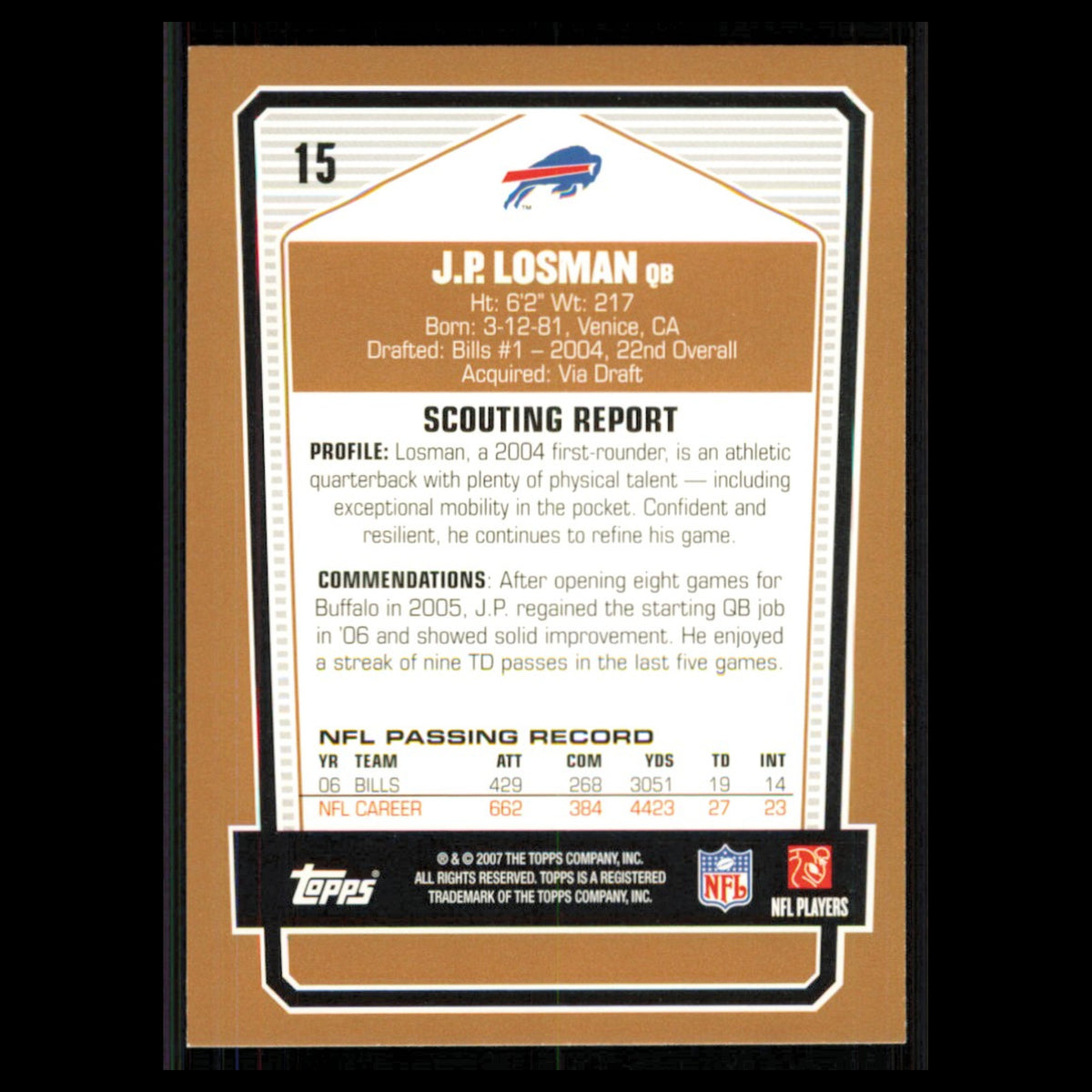 J.P. Losman #15 2007 Topps Draft Picks - Prospects Buffalo Bills Football Card