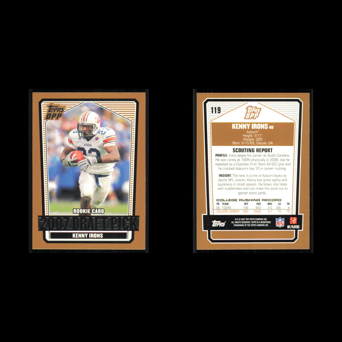 Kenny Irons Rookie #119 2007 Topps Draft Picks - Prospects Auburn Tigers Card NM