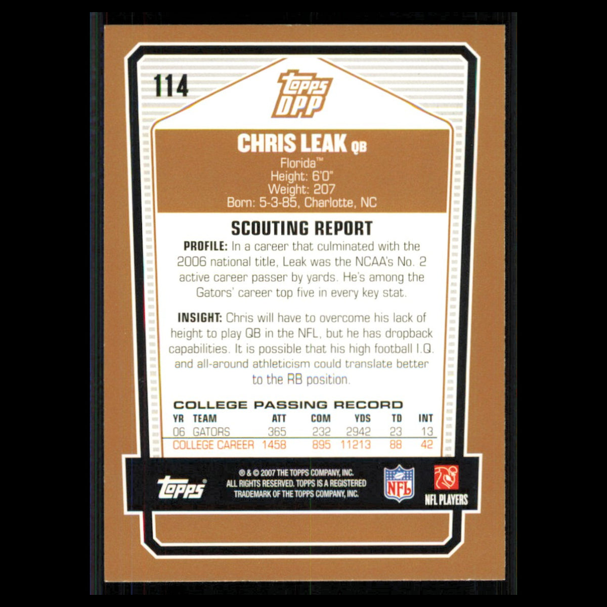 Chris Leak Rookie #114 2007 Topps Draft Picks - Prospects Florida Gators Card NM