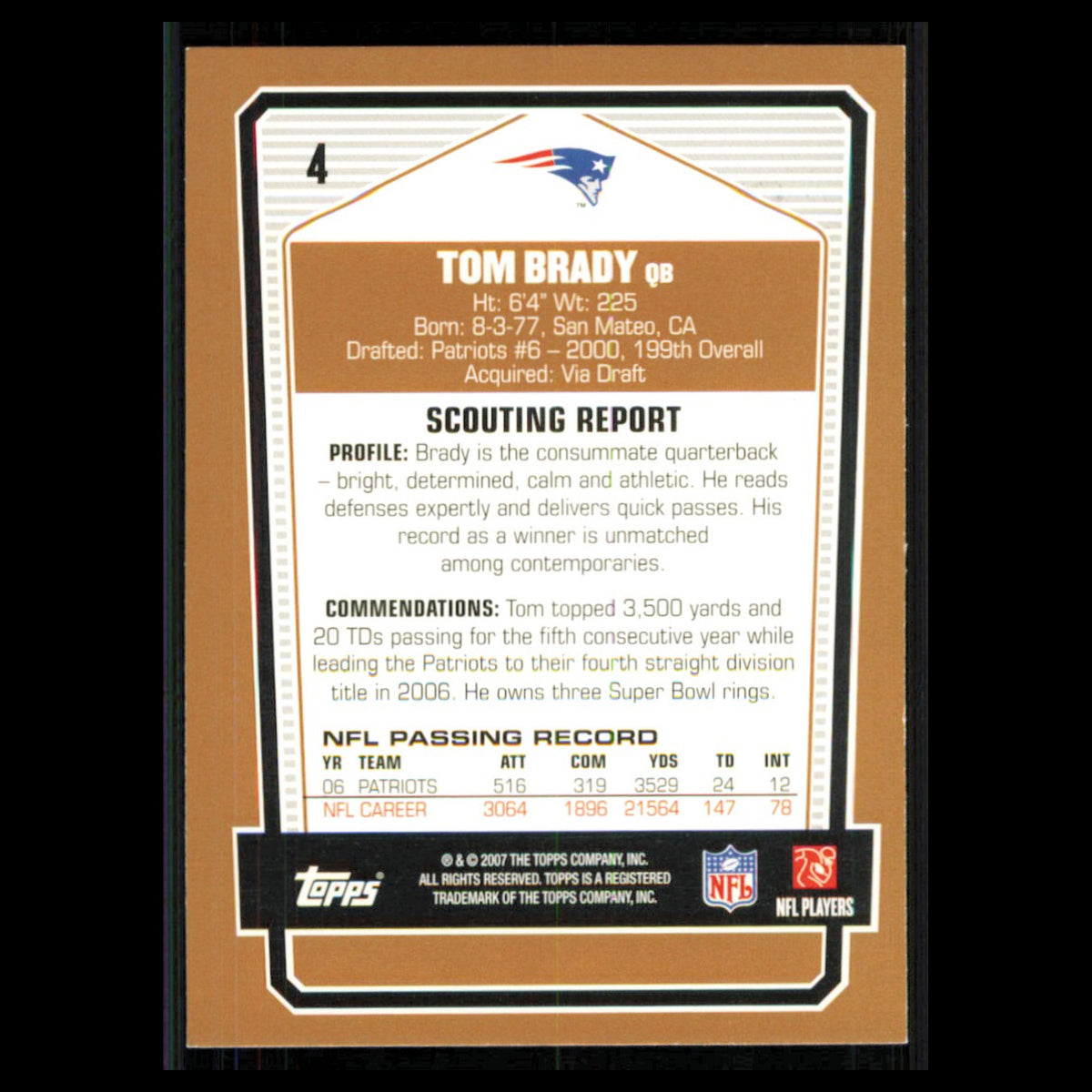 Tom Brady #4 2007 Topps Draft Picks - Prospects New England Patriots Football NM