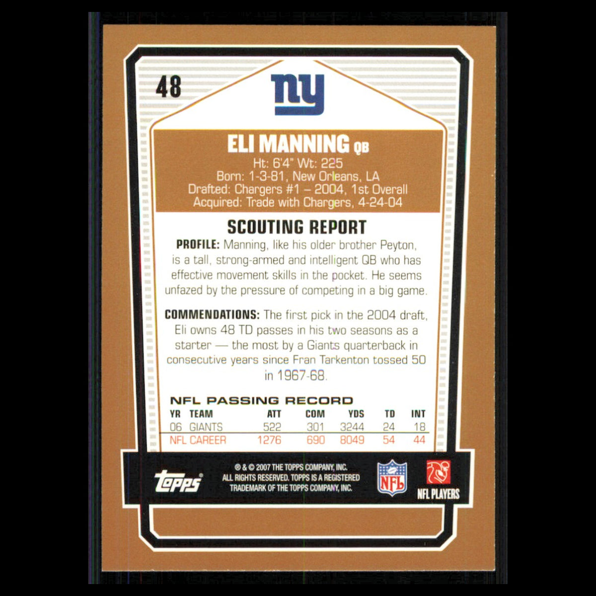 Eli Manning #48 2007 Topps Draft Picks - Prospects New York Giants Football Card