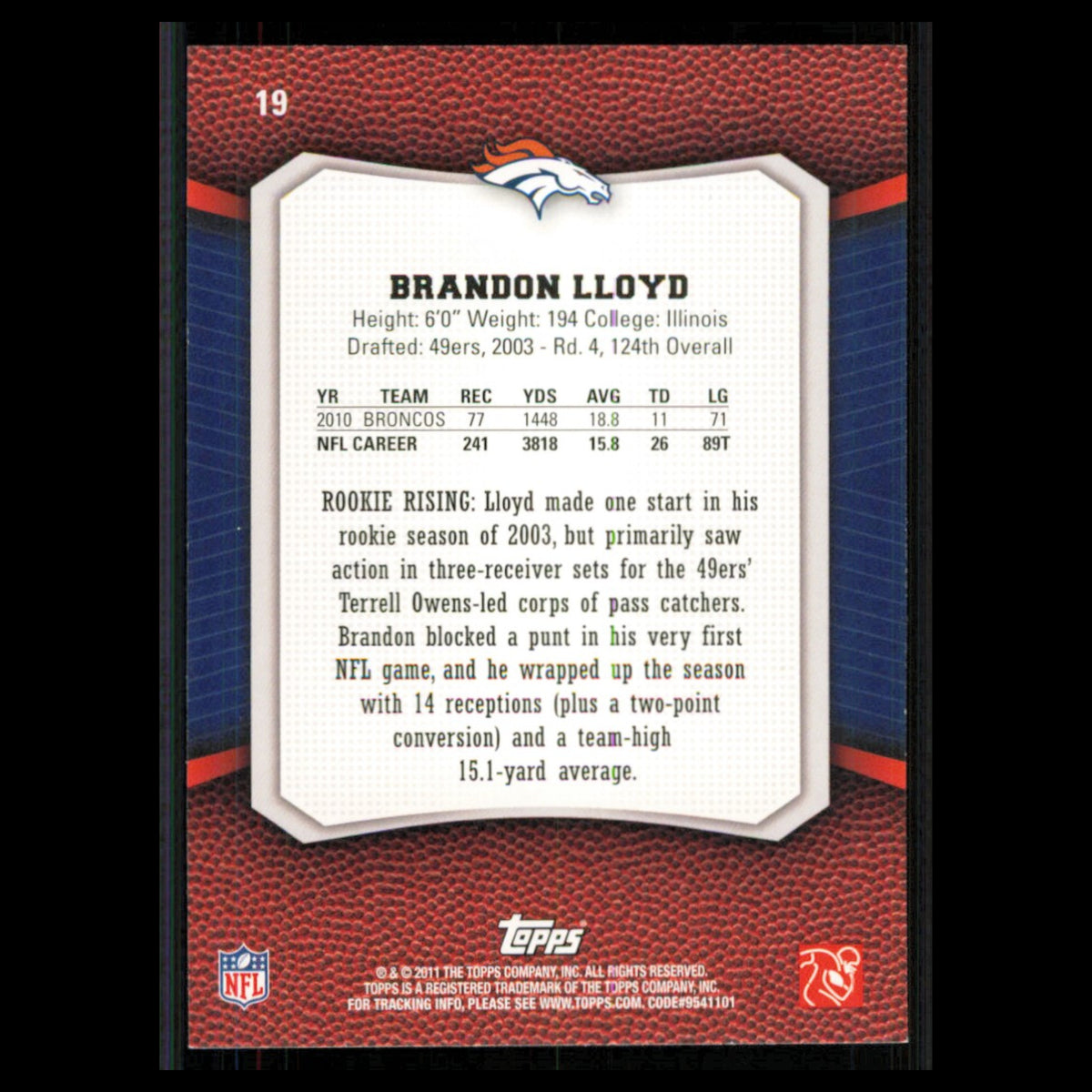 Brandon Lloyd #19 2011 Topps Rising Rookies Denver Broncos Football Card NFL NM