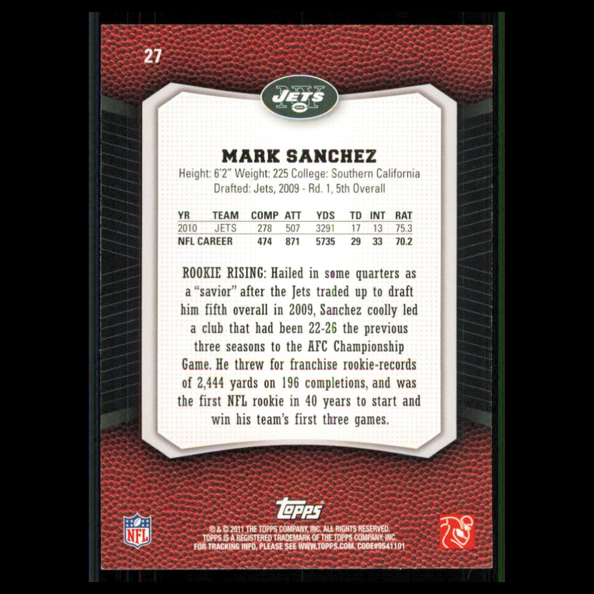 Mark Sanchez #27 2011 Topps Rising Rookies New York Jets Football Card NFL NM