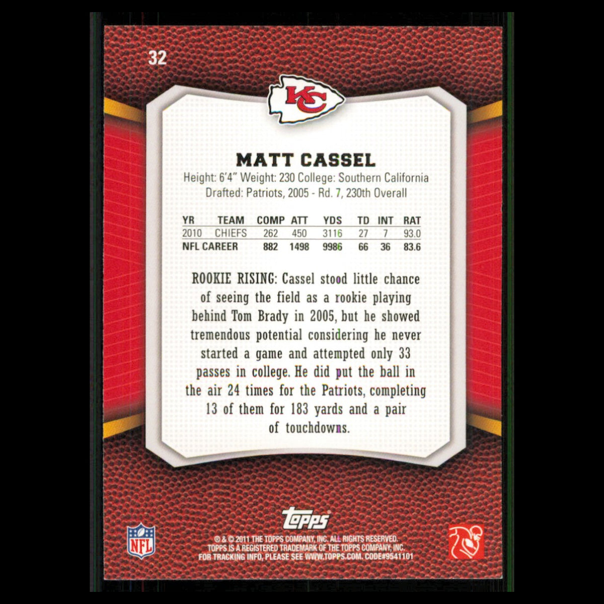 Matt Cassel #32 2011 Topps Rising Rookies Kansas City Chiefs Football Card NFL