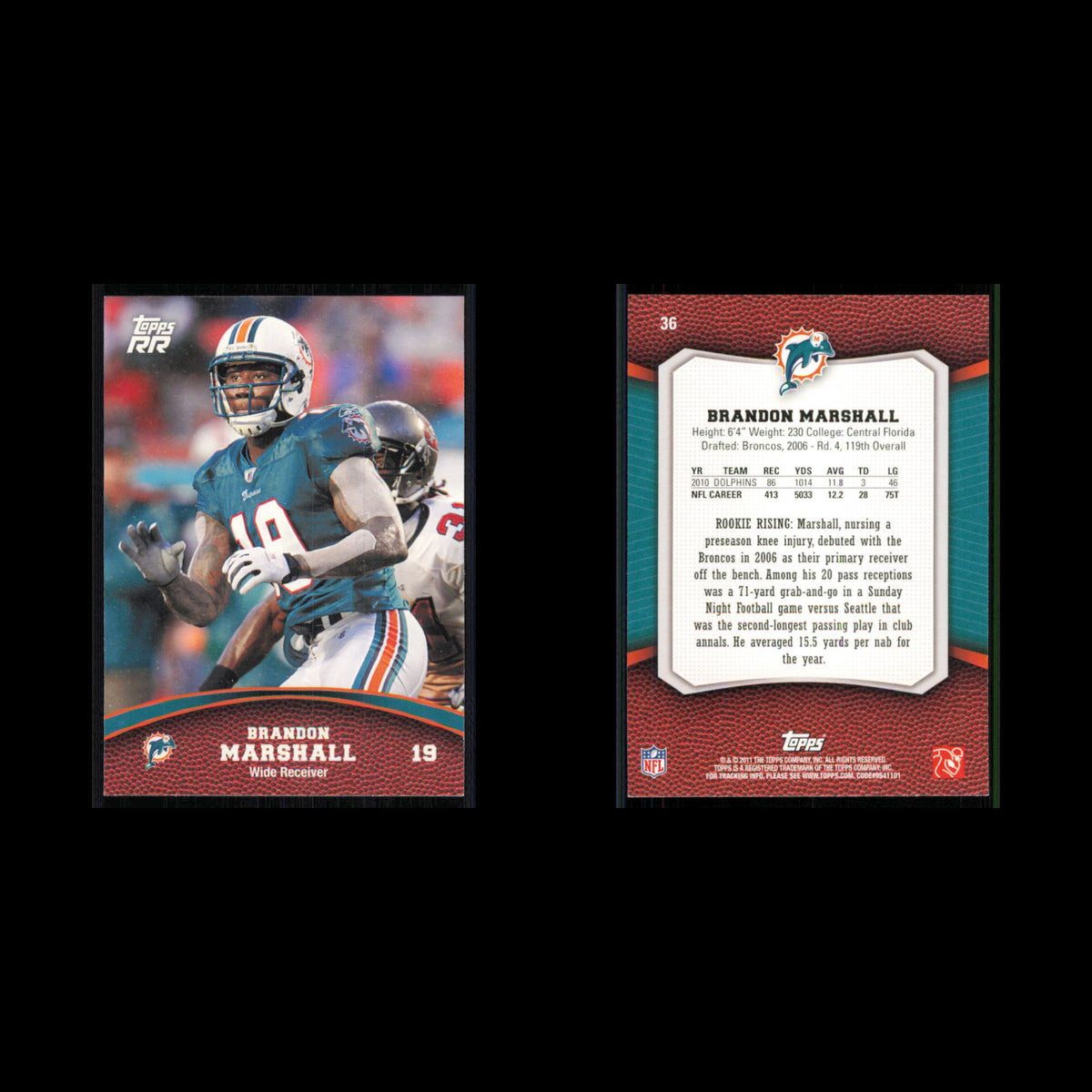 Brandon Marshall #36 2011 Topps Rising Rookies Miami Dolphins Football Card NFL