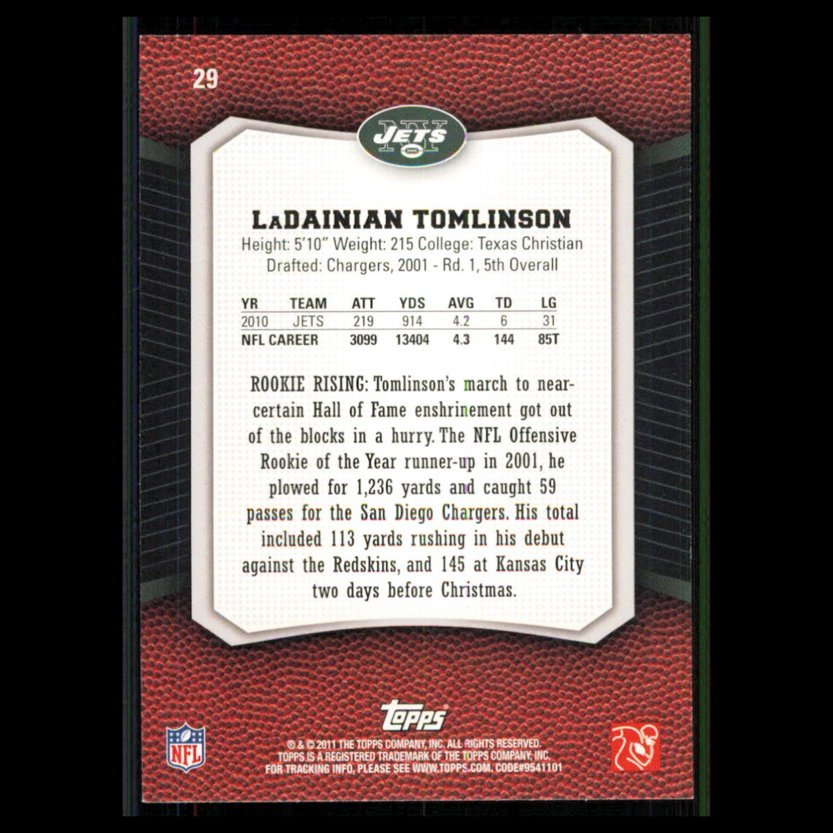 LaDainian Tomlinson #29 2011 Topps Rising Rookies New York Jets Football Card NM