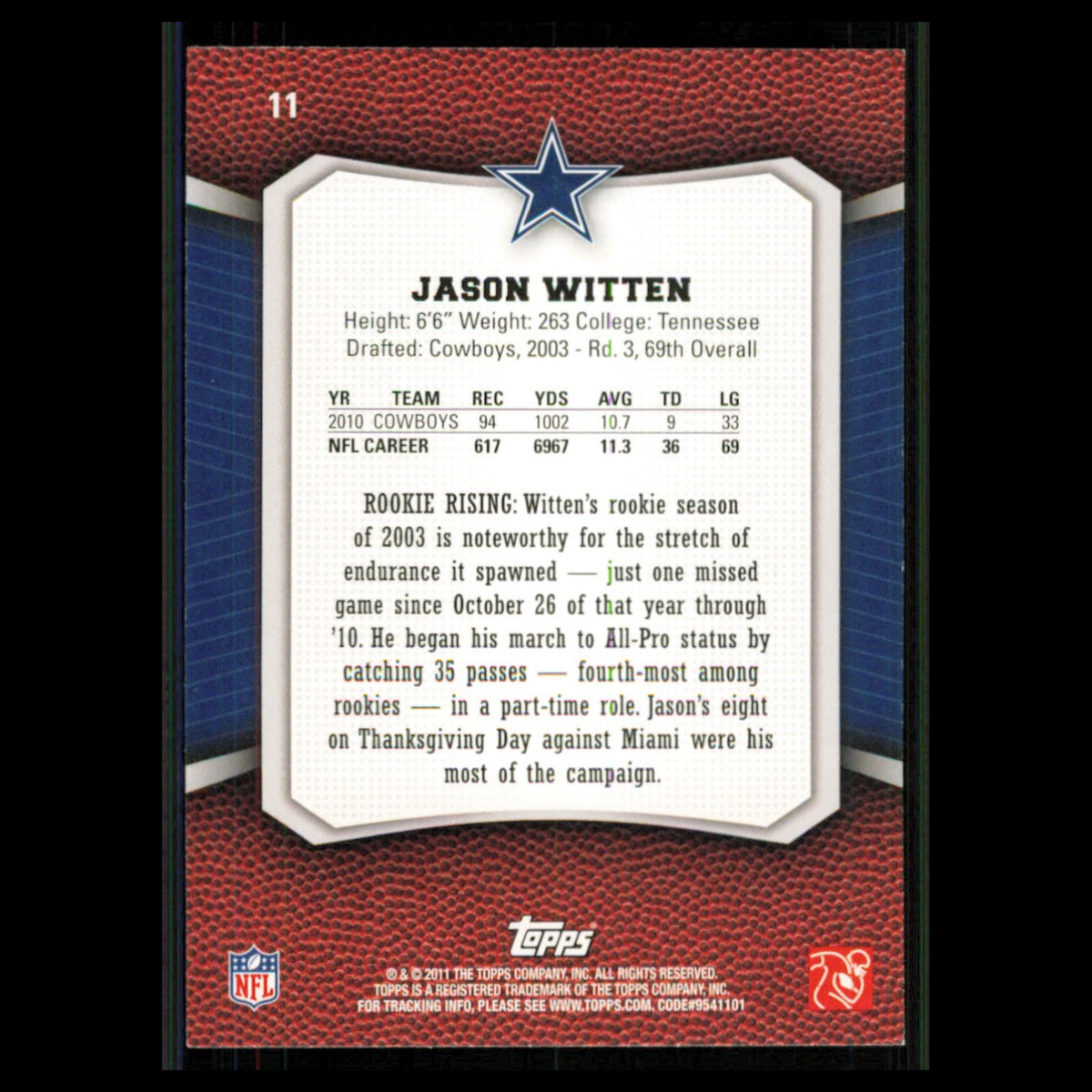 Jason Witten #11 2011 Topps Rising Rookies Dallas Cowboys Football Card NFL NM