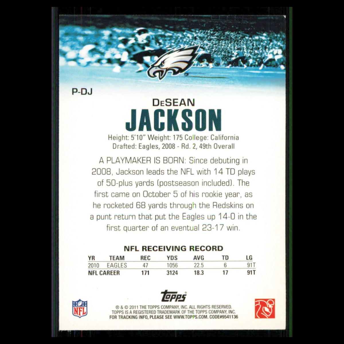 DeSean Jackson #P-DJ 2011 Topps Rising Rookies Playmaker Philadelphia Eagles NFL