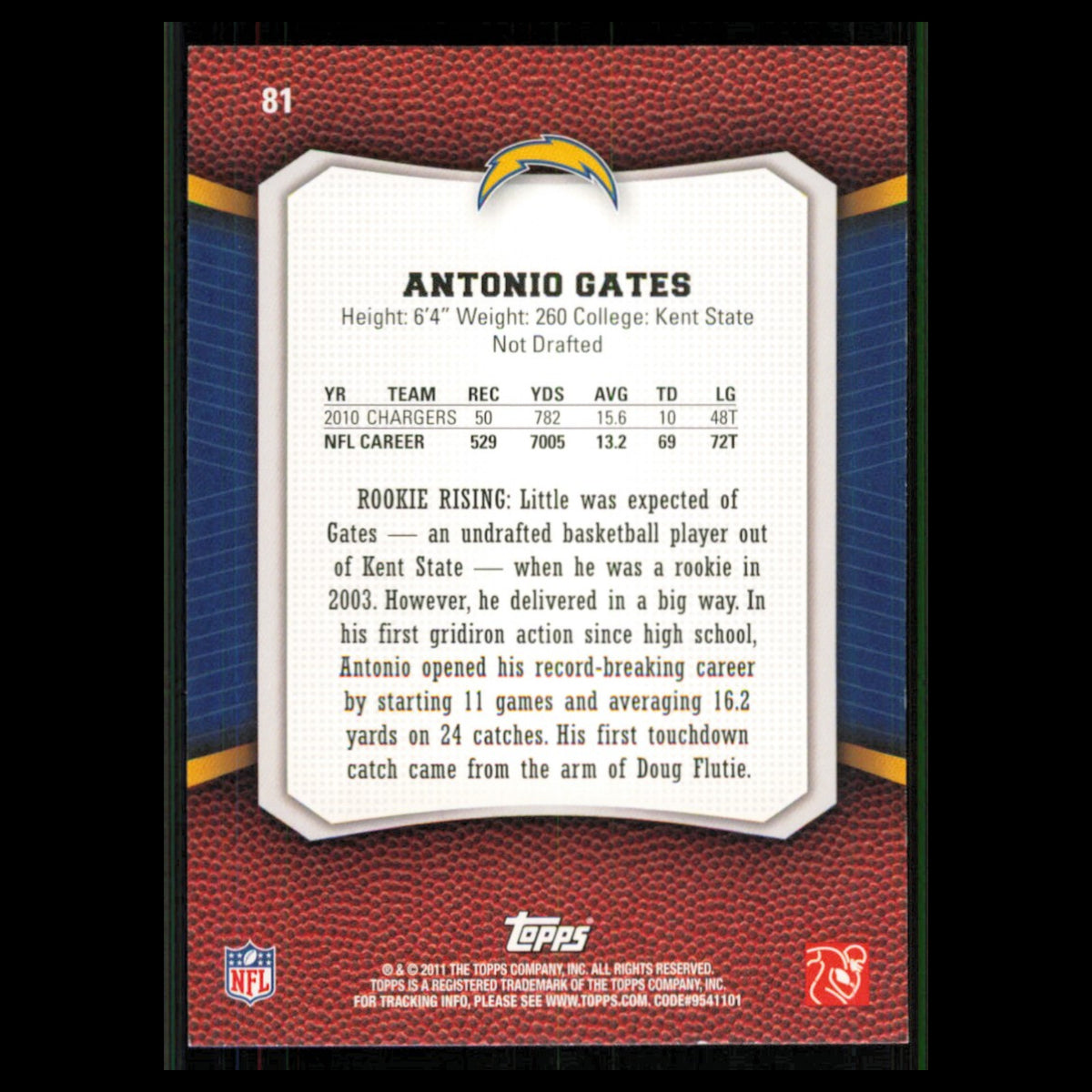 Antonio Gates #81 2011 Topps Rising Rookies San Diego Chargers Football Card NFL