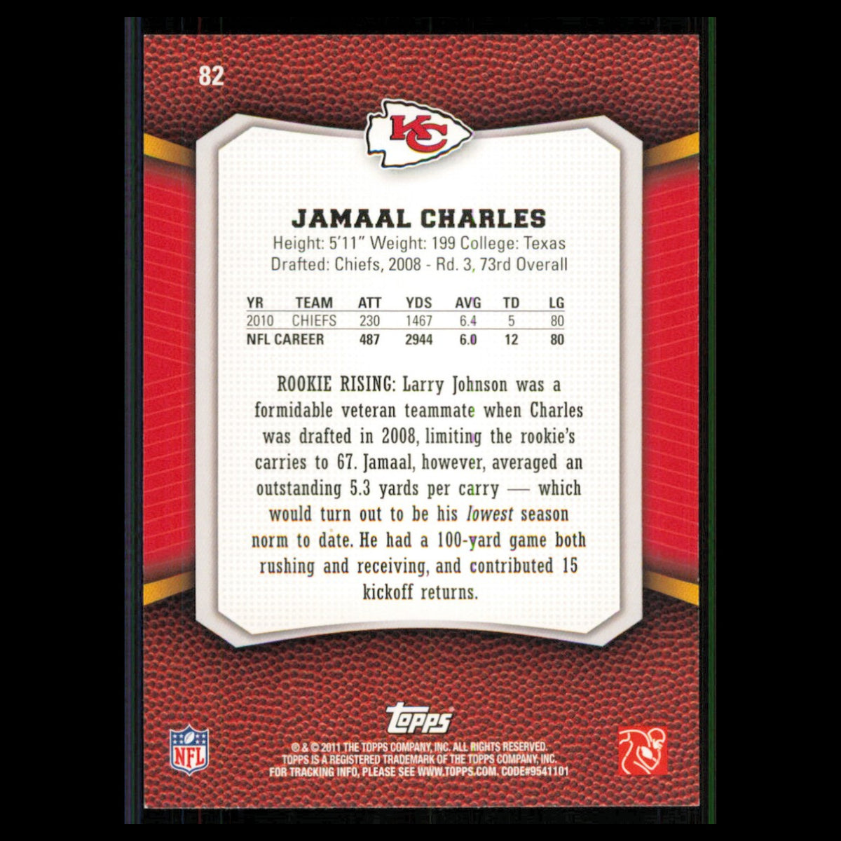 Jamaal Charles #82 2011 Topps Rising Rookies Kansas City Chiefs Football Card NM