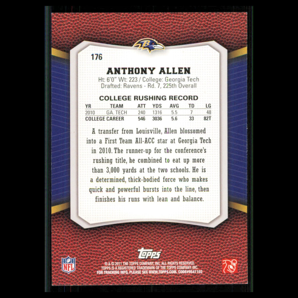 Anthony Allen Rookie #176 2011 Topps Rising Rookies Baltimore Ravens Football NM