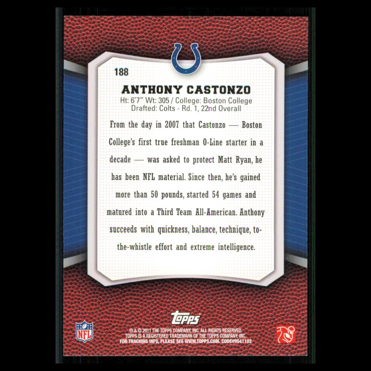 Anthony Castonzo Rookie #188 2011 Topps Rising Rookies Indianapolis Colts Card