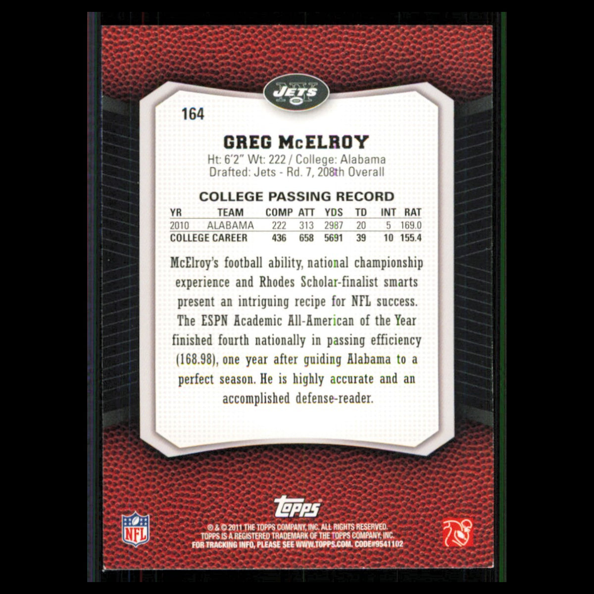 Greg McElroy Rookie #164 2011 Topps Rising Rookies New York Jets Football Card