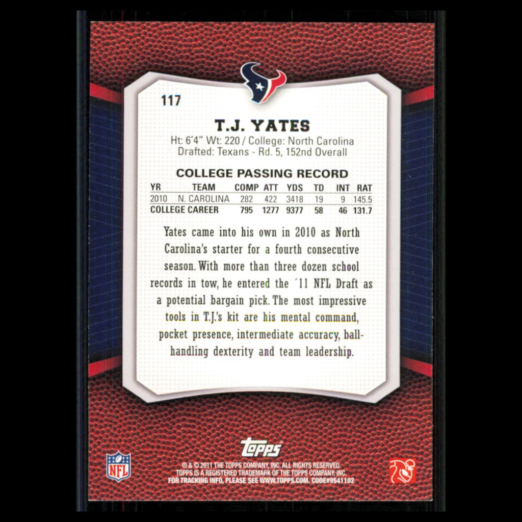 T.J. Yates Rookie #117 2011 Topps Rising Rookies Houston Texans Football Card NM