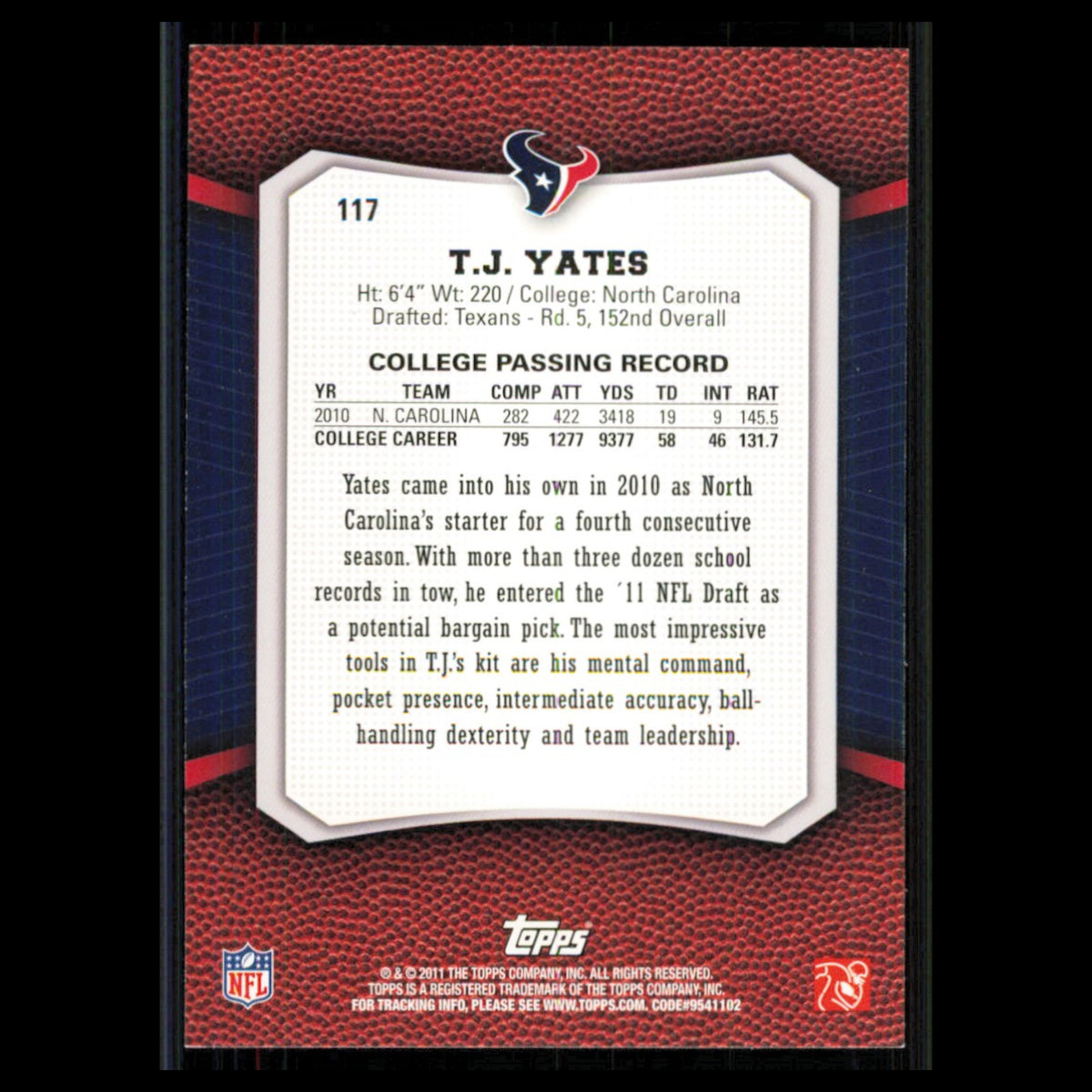 T.J. Yates Rookie #117 2011 Topps Rising Rookies Houston Texans Football Card NM