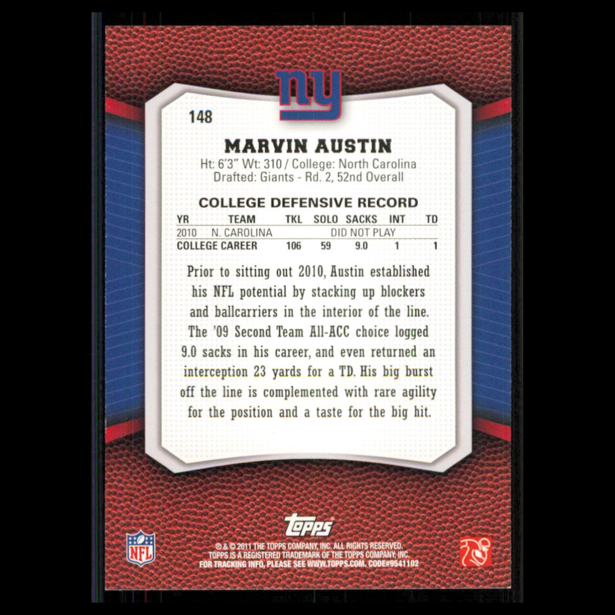 Marvin Austin Rookie #148 2011 Topps Rising Rookies New York Giants Football NFL
