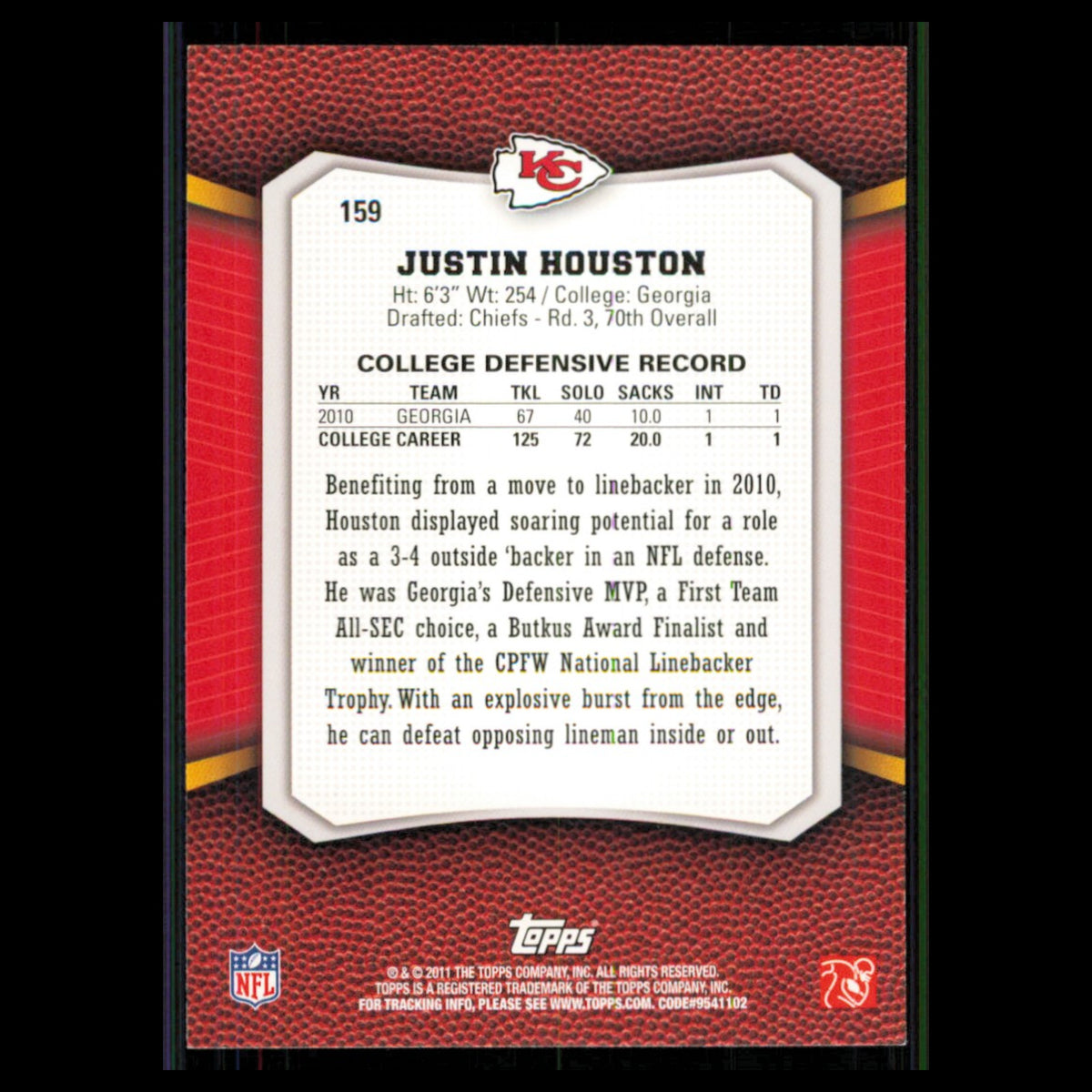 Justin Houston Rookie #159 2011 Topps Rising Rookies Kansas City Chiefs Football