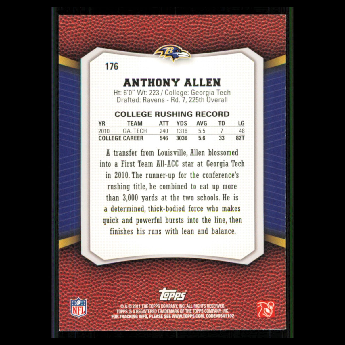 Anthony Allen Rookie #176 2011 Topps Rising Rookies Baltimore Ravens Football NM