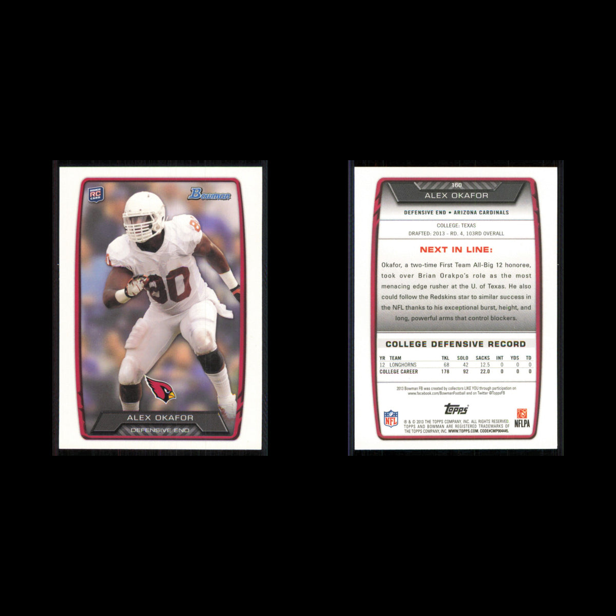 Alex Okafor Rookie #160 2013 Bowman Arizona Cardinals Football Card NFL NM