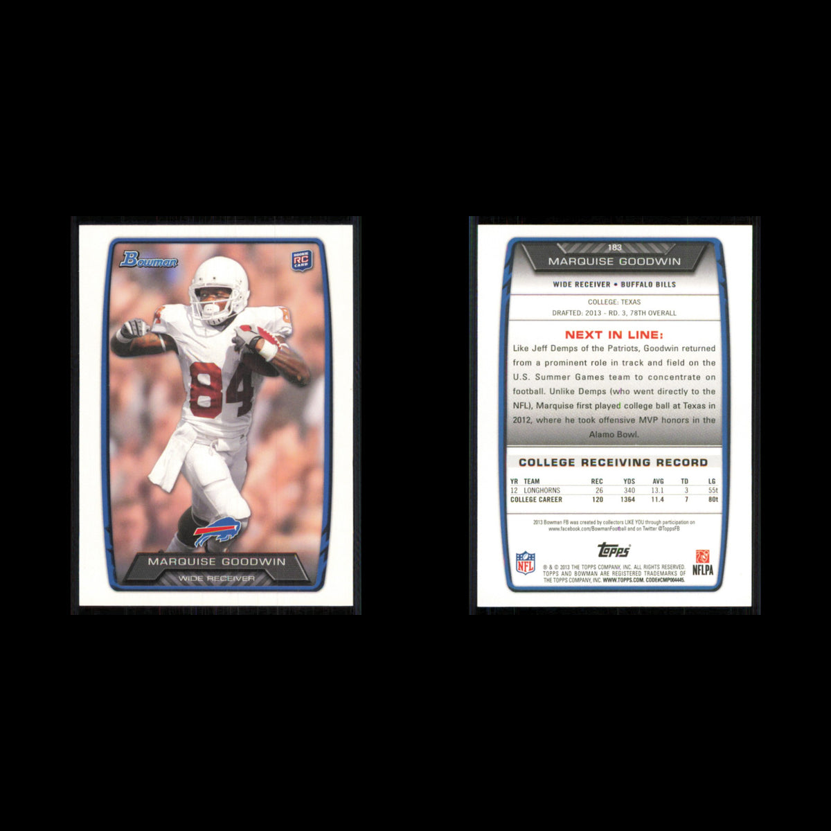 Marquise Goodwin Rookie #183 2013 Bowman Buffalo Bills Football Card NFL NM
