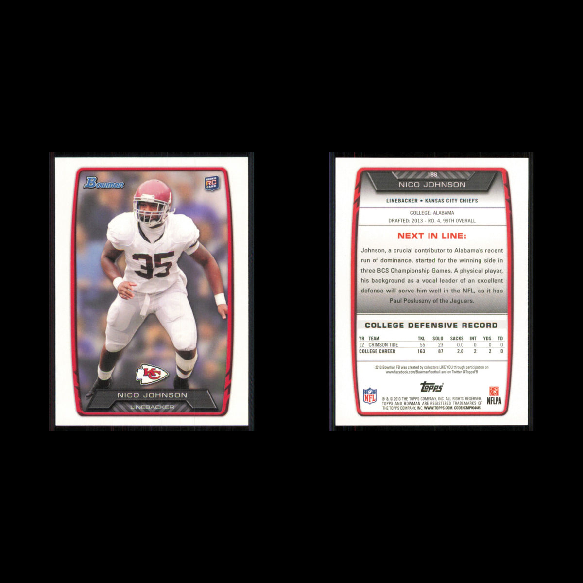 Nico Johnson Rookie #188 2013 Bowman Kansas City Chiefs Football Card NFL NM
