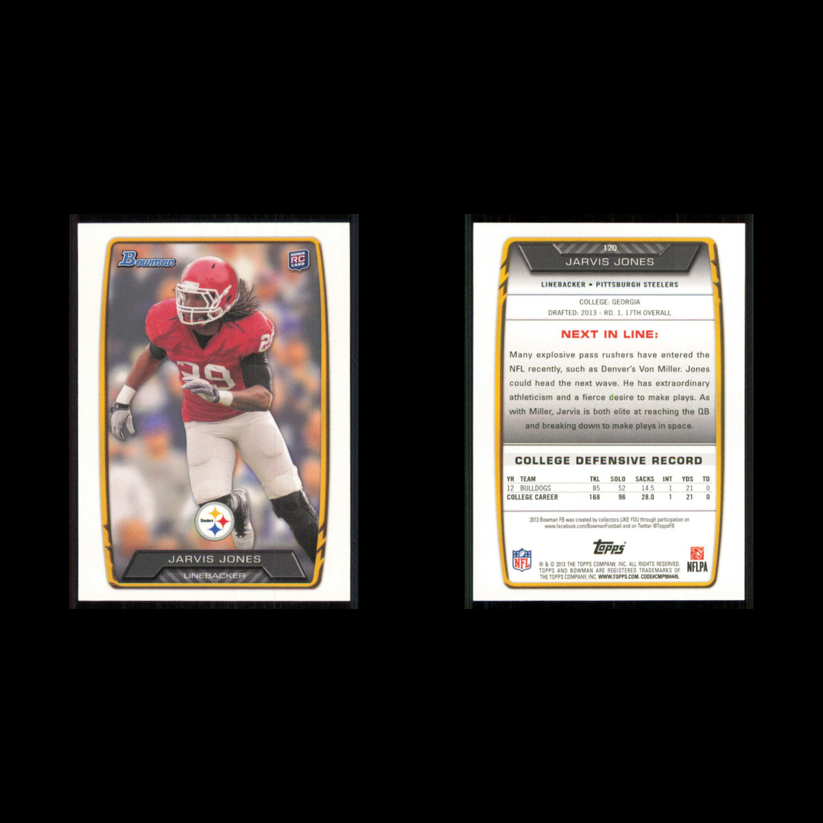 Jarvis Jones Rookie #120 2013 Bowman Pittsburgh Steelers Football Card NFL NM