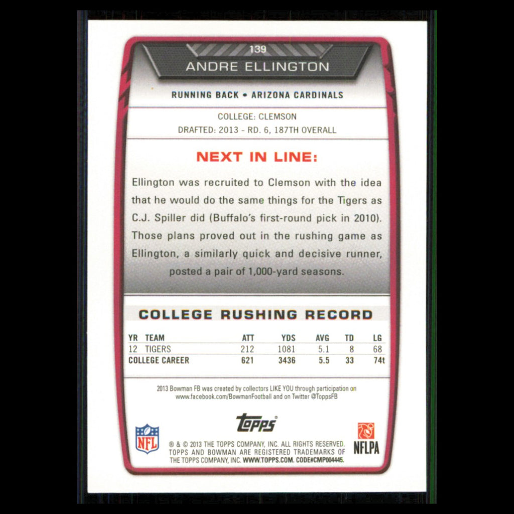 Andre Ellington Rookie #139 2013 Bowman Arizona Cardinals Football Card NFL NM