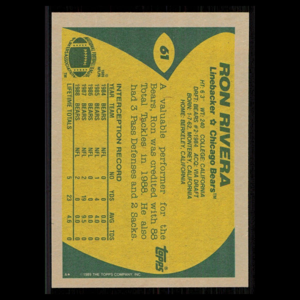 Ron Rivera #61 1989 Topps Chicago Bears Football Card NFL NM