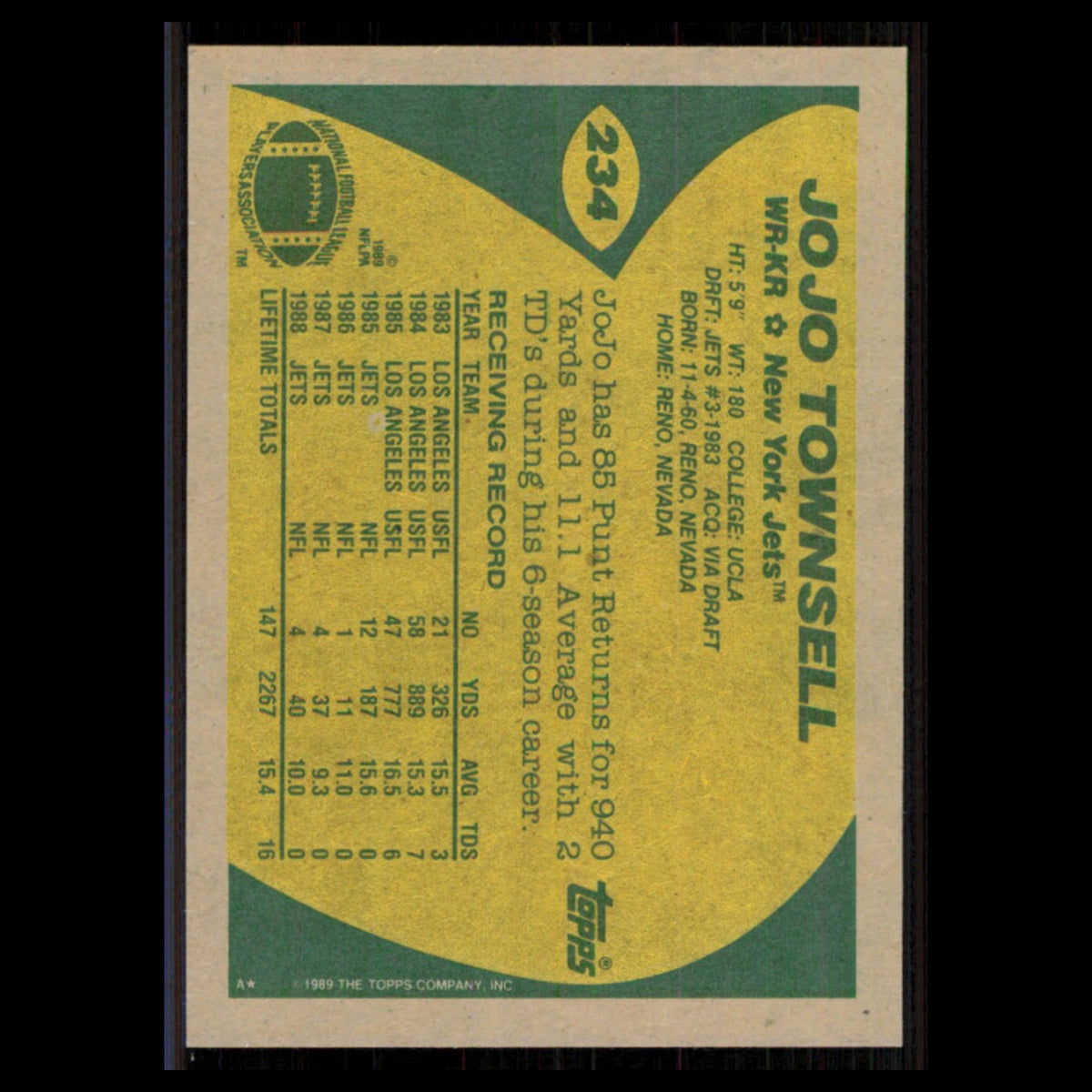 JoJo Townsell #234 1989 Topps New York Jets Football Card NFL NM