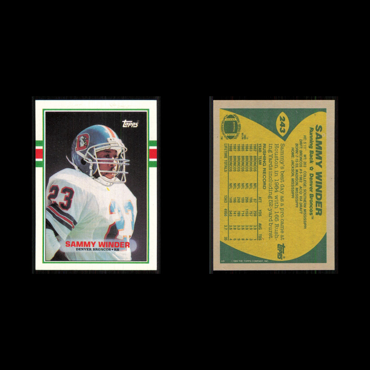 Sammy Winder #243 1989 Topps Denver Broncos Football Card NFL NM