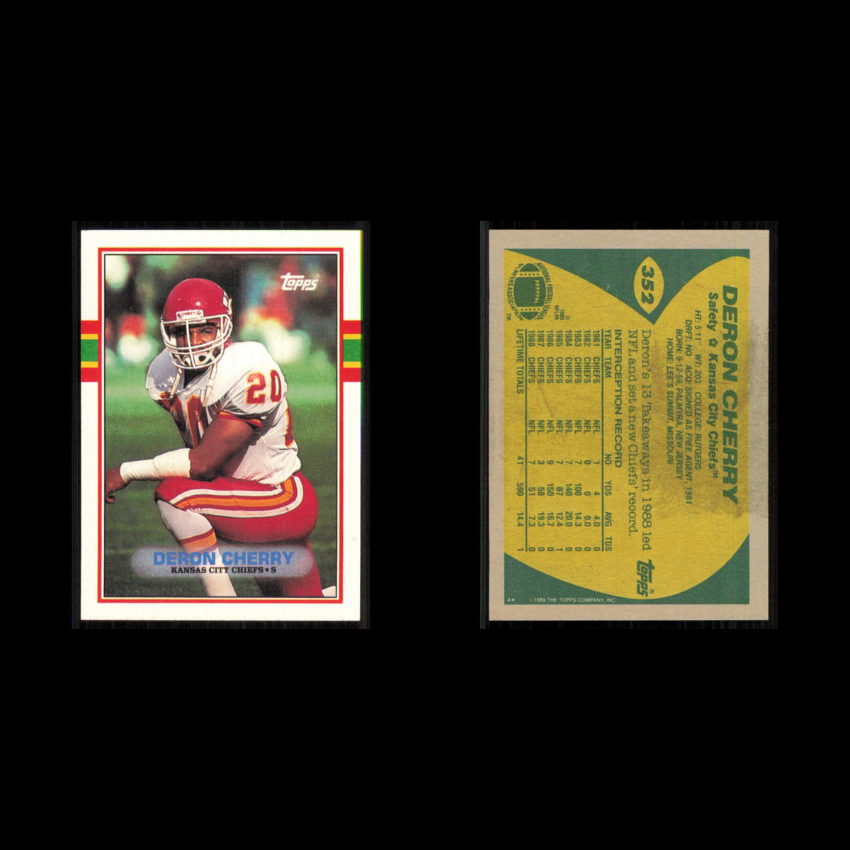 Deron Cherry #352 1989 Topps Kansas City Chiefs Football Card NFL NM