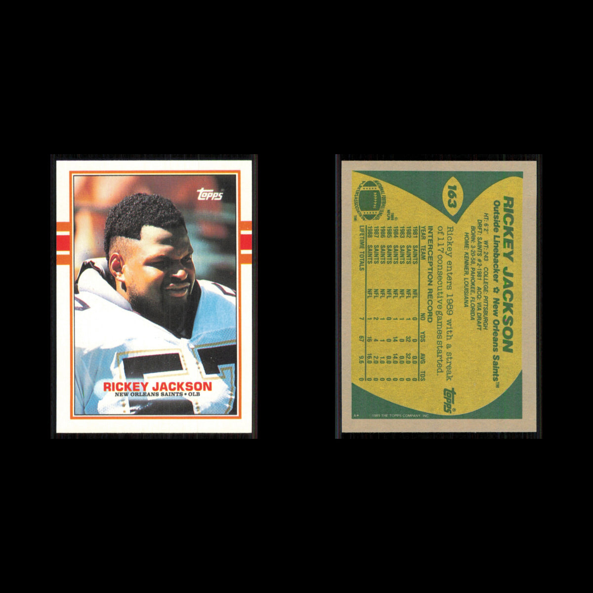 Rickey Jackson #163 1989 Topps New Orleans Saints Football Card NFL NM