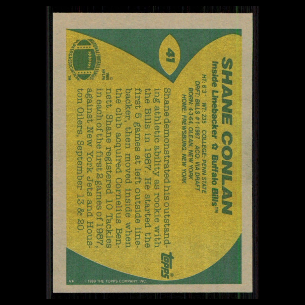 Shane Conlan #41 1989 Topps Buffalo Bills Football Card NFL NM