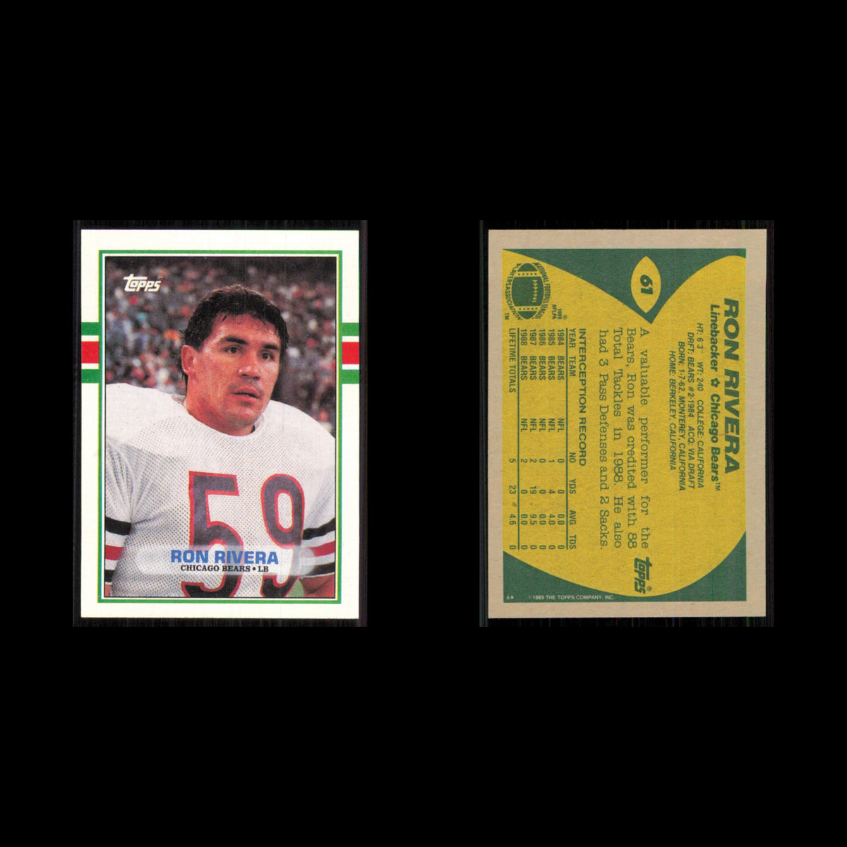 Ron Rivera #61 1989 Topps Chicago Bears Football Card NFL NM