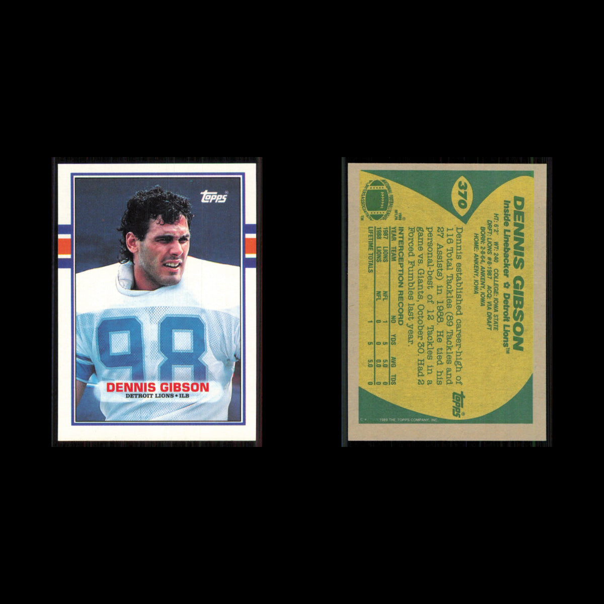 Dennis Gibson #370 1989 Topps Detroit Lions Football Card NFL NM