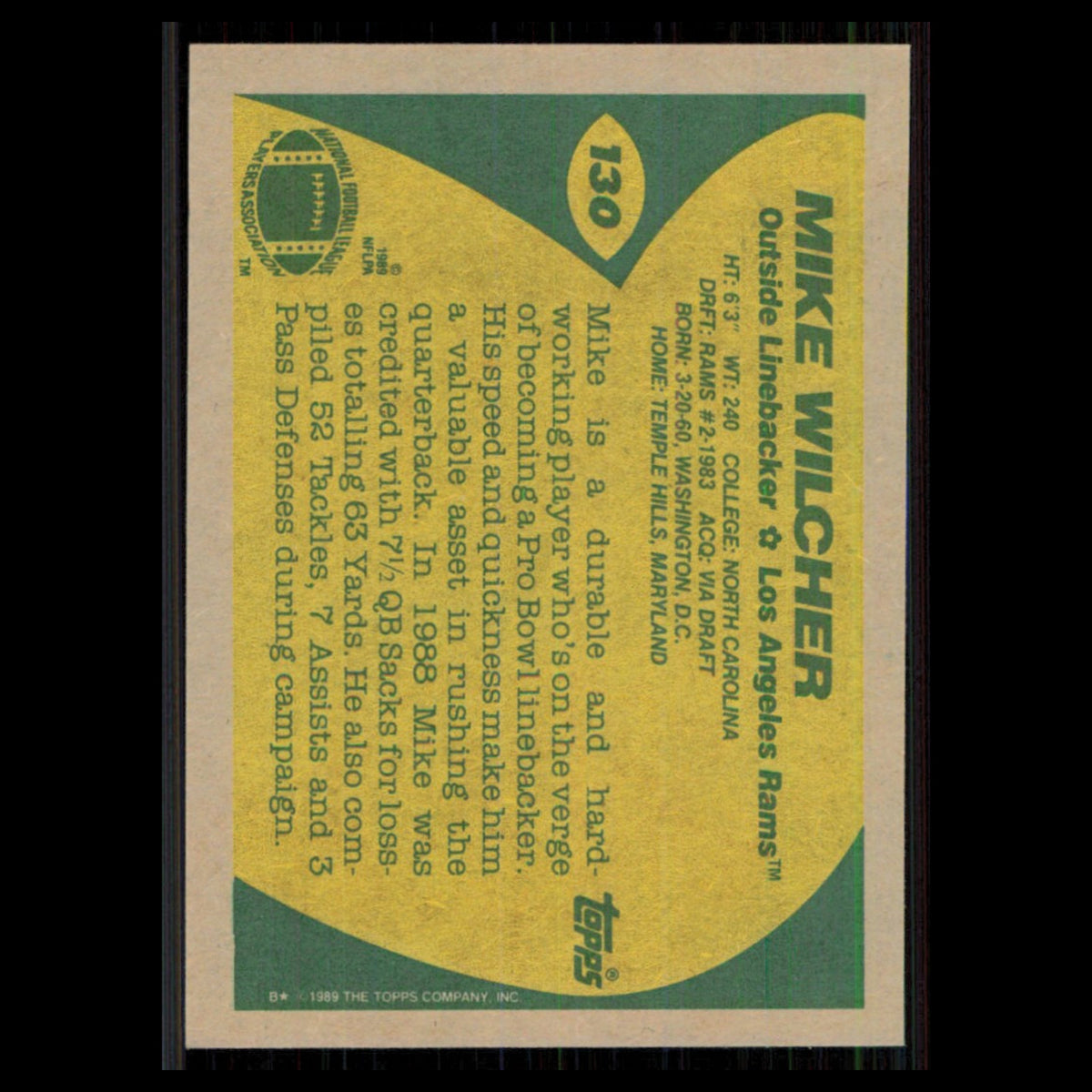 Mike Wilcher #130 1989 Topps Los Angeles Rams Football Card NFL NM