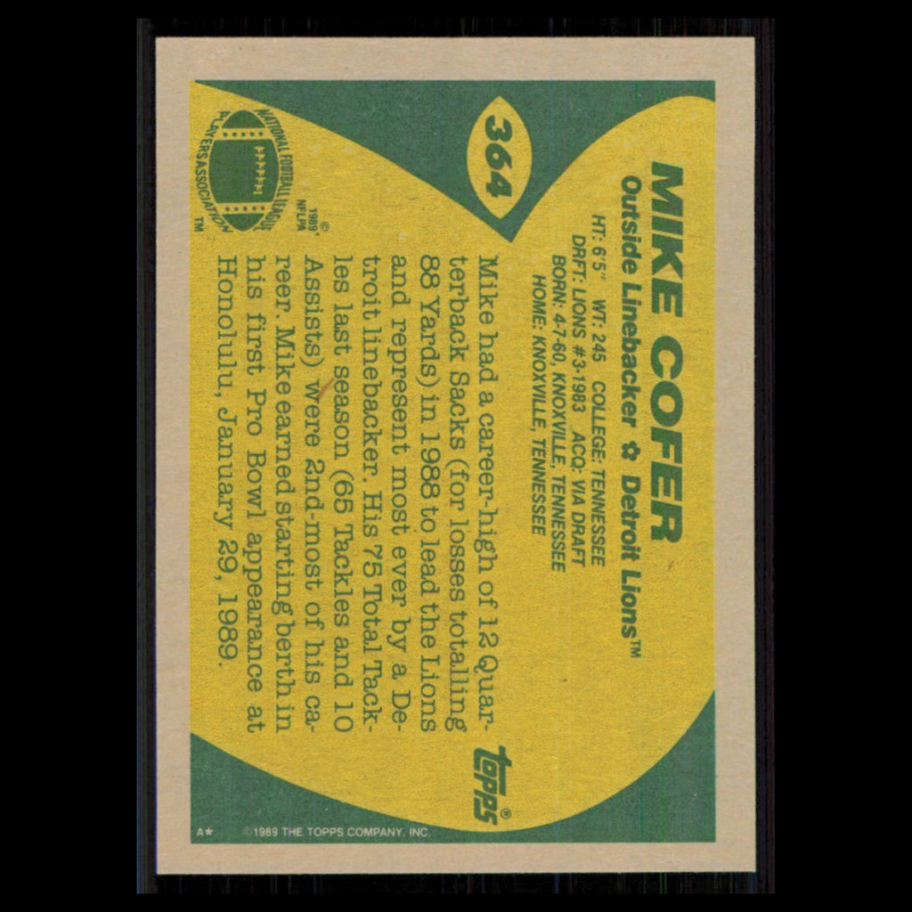 Mike Cofer #364 1989 Topps Detroit Lions Football Card NFL NM