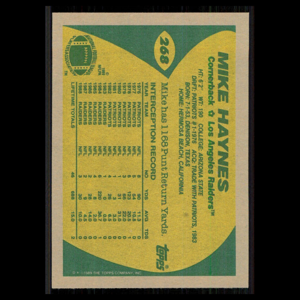 Mike Haynes #268 1989 Topps Los Angeles Raiders Football Card NFL NM