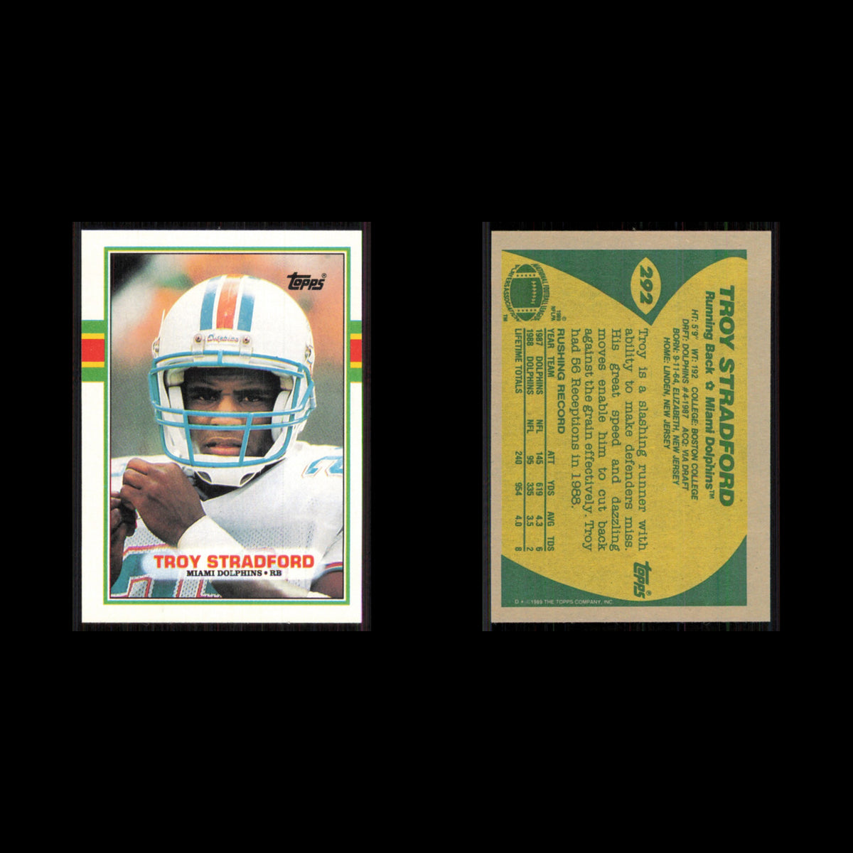 Troy Stradford #292 1989 Topps Miami Dolphins Football Card NFL NM