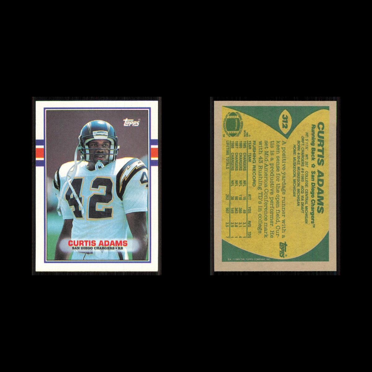 Curtis Adams #312 1989 Topps San Diego Chargers Football Card NFL NM