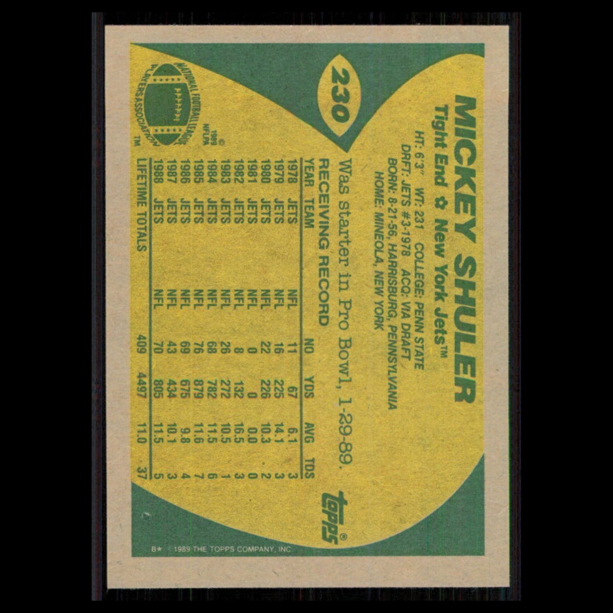 Mickey Shuler #230 1989 Topps New York Jets Football Card NFL NM