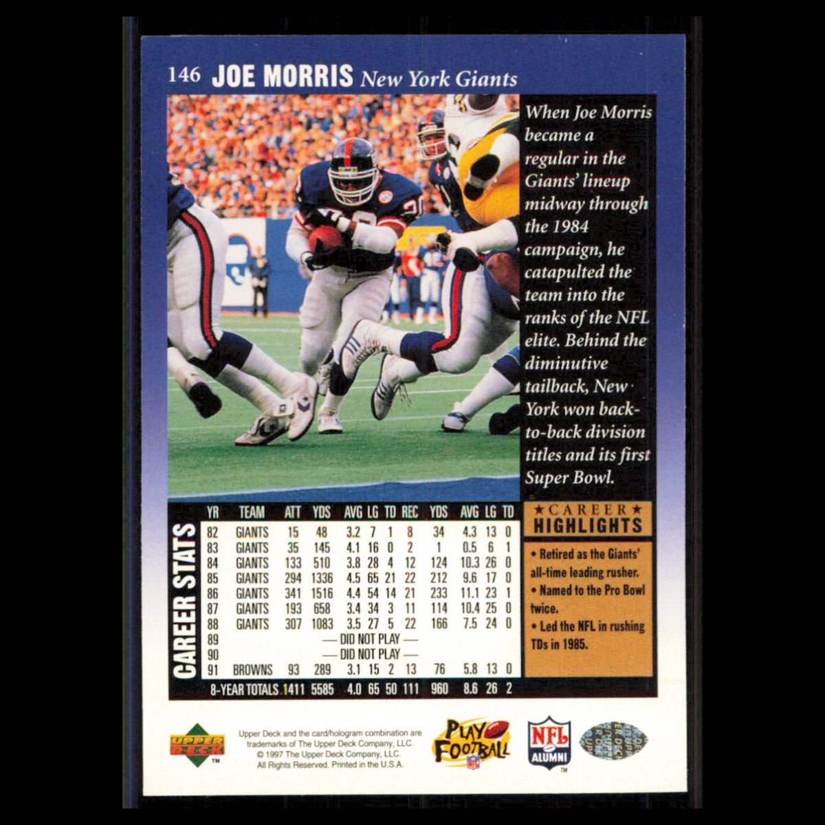Joe Morris #146 1997 Upper Deck Legends New York Giants Football Card NFL NM