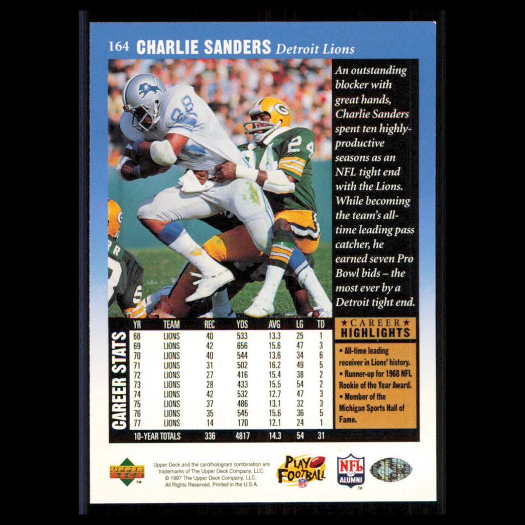 Charlie Sanders #164 1997 Upper Deck Legends Detroit Lions Football Card NFL NM