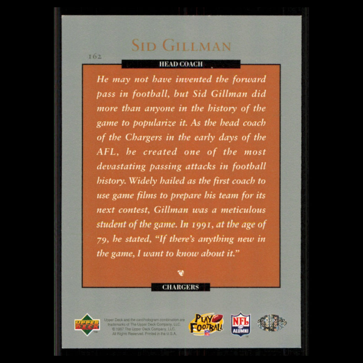 Sid Gillman #162 1997 Upper Deck Legends Legendary Leaders San Diego Chargers NM
