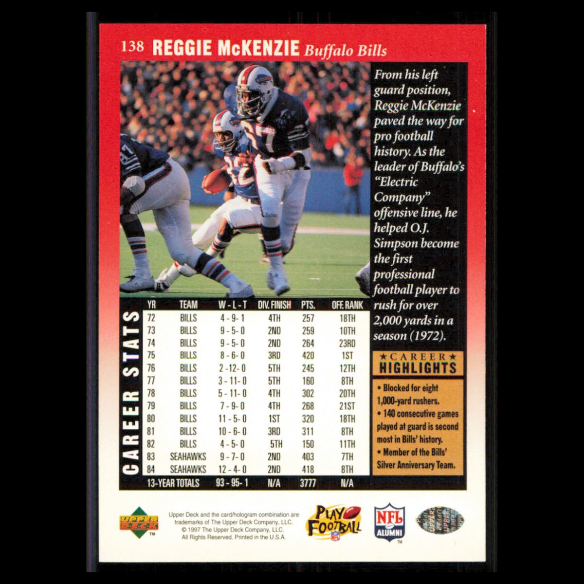 Reggie McKenzie #138 1997 Upper Deck Legends Buffalo Bills Football Card NFL NM