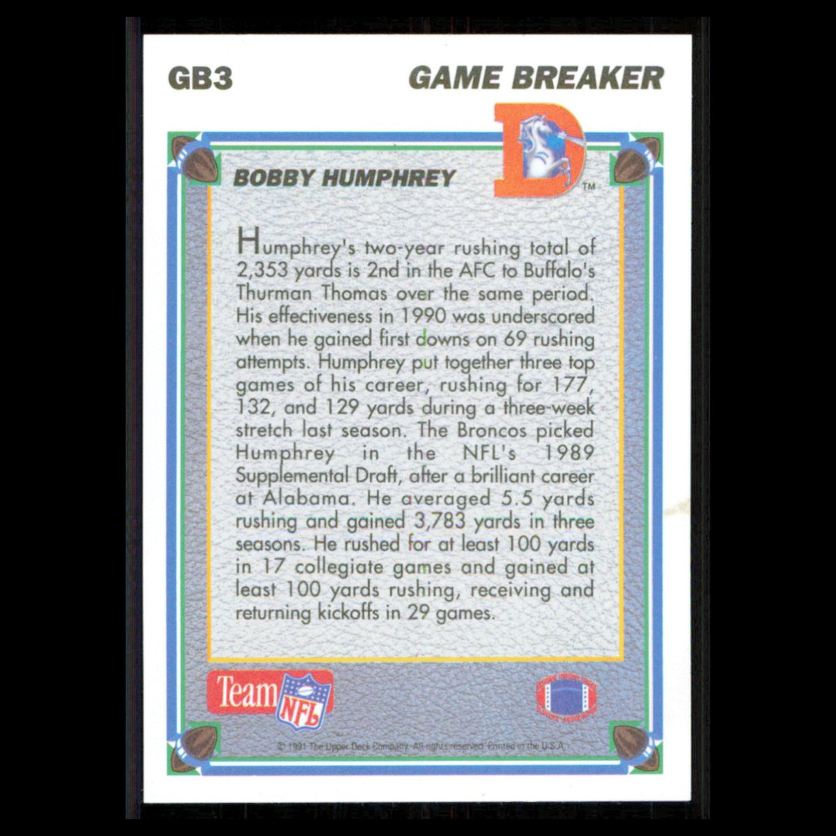Bobby Humphrey #GB3 1991 Upper Deck Game Breaker Holograms Denver Broncos Card