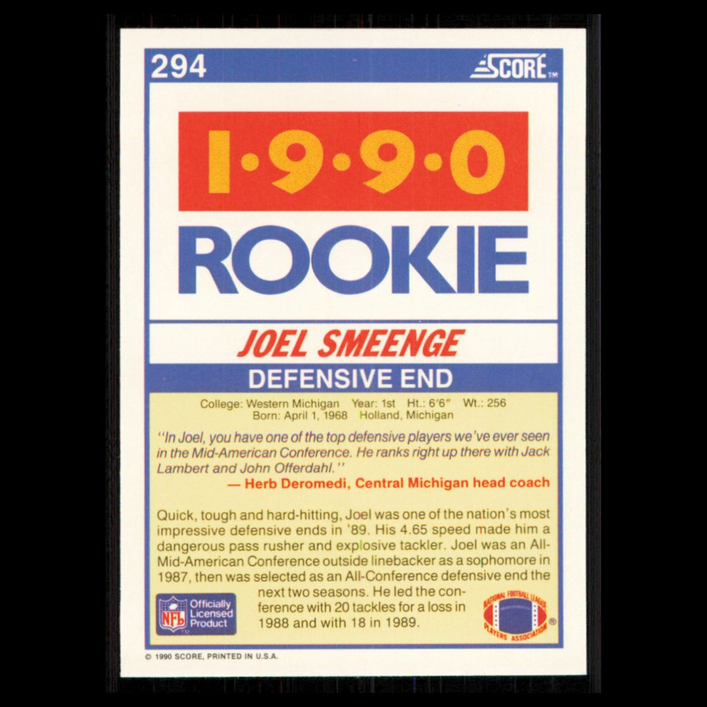 Joel Smeenge Rookie #294 1990 Score Western Michigan Broncos Football Card NFL