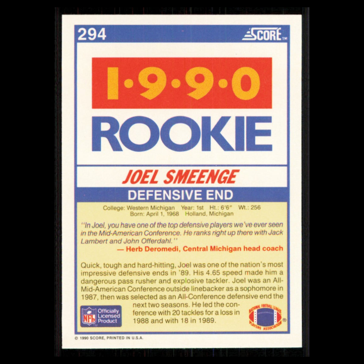 Joel Smeenge Rookie #294 1990 Score Western Michigan Broncos Football Card NFL